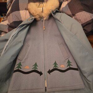 Vintage Wool Lined Parka Coat Light Blue Real Fur Hood Canadian Winter Jacket